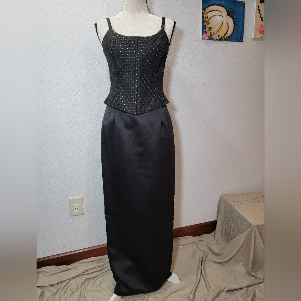 VTG Jessica McClintock Gunne Sax Formal Dress Gown Sz 7 Black Satin USA Quality